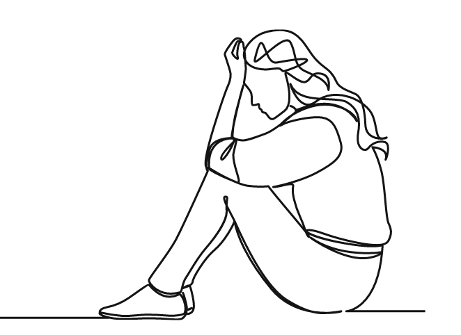 不安を抱えて座る女性のイラスト